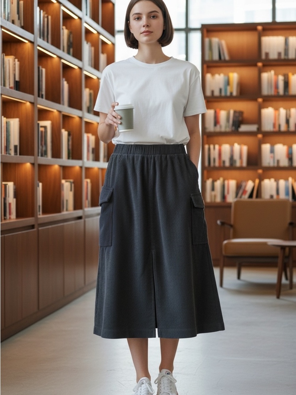 Halara Dark Gray Corduroy Cargo Midi Skirt Front Slit XS Regular